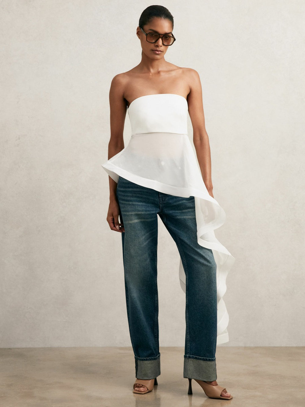 Women Silk Asymmetric-Ruffle Bandeau Top in Ivory