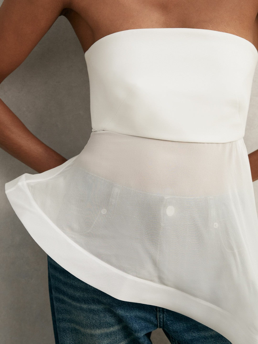 Women Silk Asymmetric-Ruffle Bandeau Top in Ivory