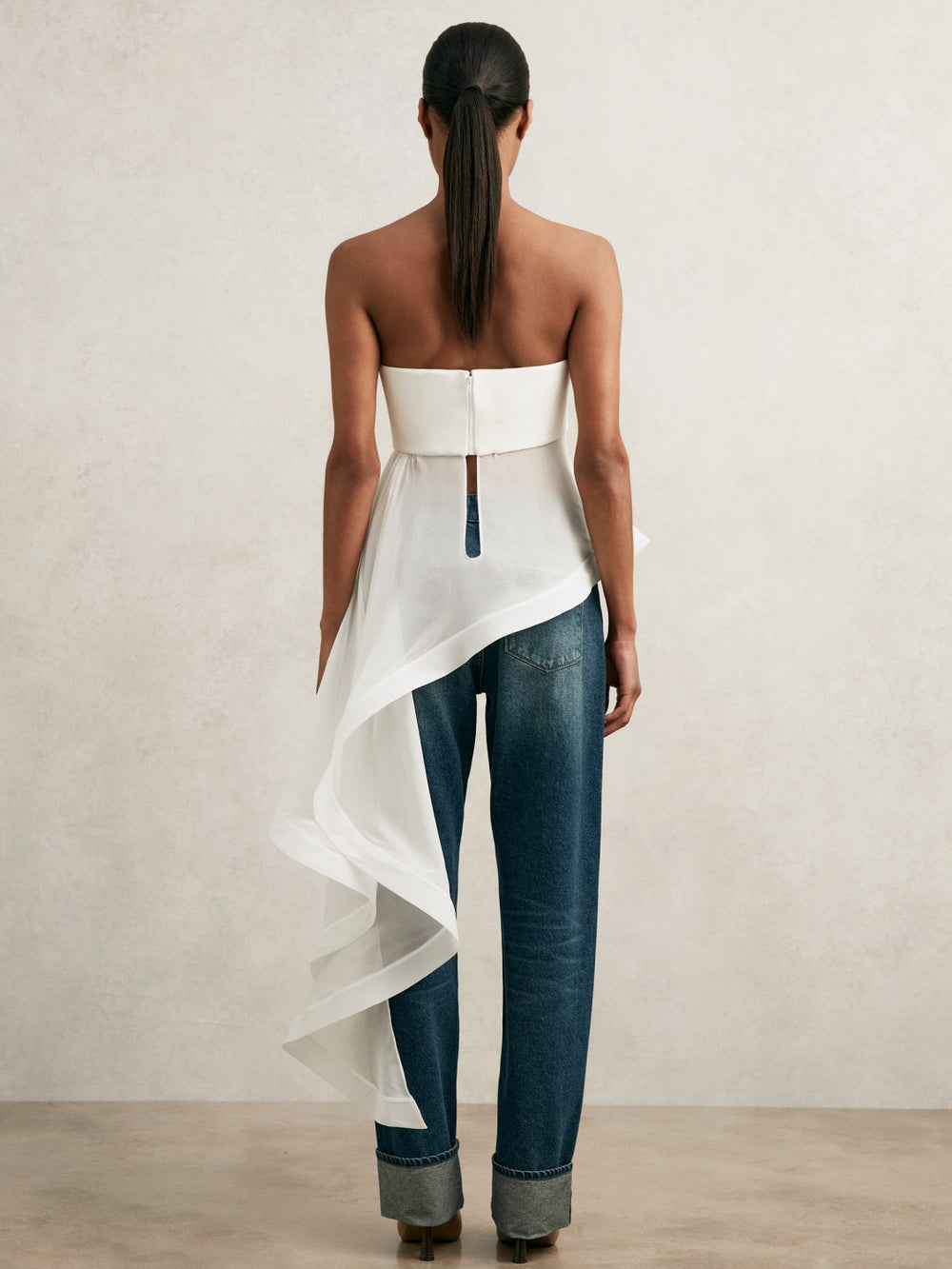 Women Silk Asymmetric-Ruffle Bandeau Top in Ivory