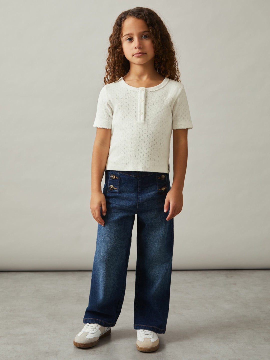 Children & Baby 9-13 yrs Cotton Pointelle Button T-Shirt in Ivory