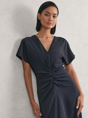 Women Ruched-Front Midi Dress in Navy