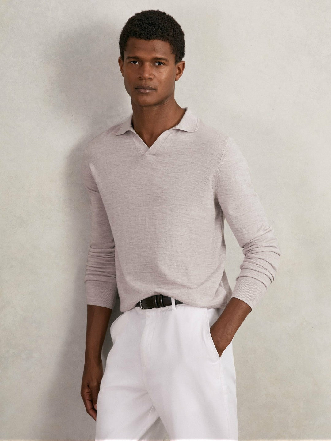 Men Merino Wool Open-Collar Polo Shirt in Wicker Brown Melange