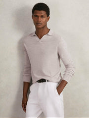 Men Merino Wool Open-Collar Polo Shirt in Wicker Brown Melange