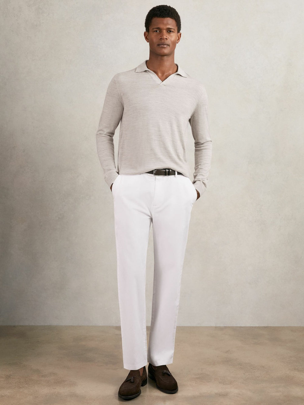 Men Merino Wool Open-Collar Polo Shirt in Wicker Brown Melange