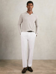 Men Merino Wool Open-Collar Polo Shirt in Wicker Brown Melange