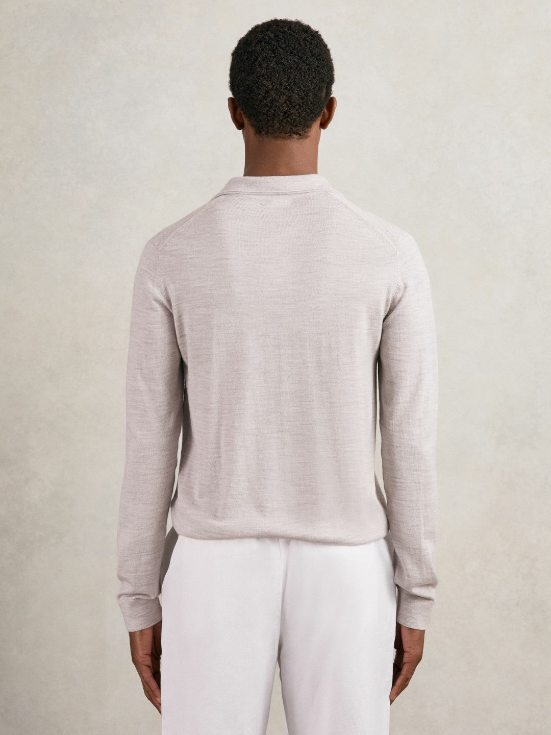 Men Merino Wool Open-Collar Polo Shirt in Wicker Brown Melange