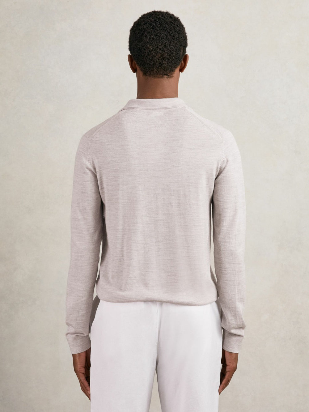 Men Merino Wool Open-Collar Polo Shirt in Wicker Brown Melange