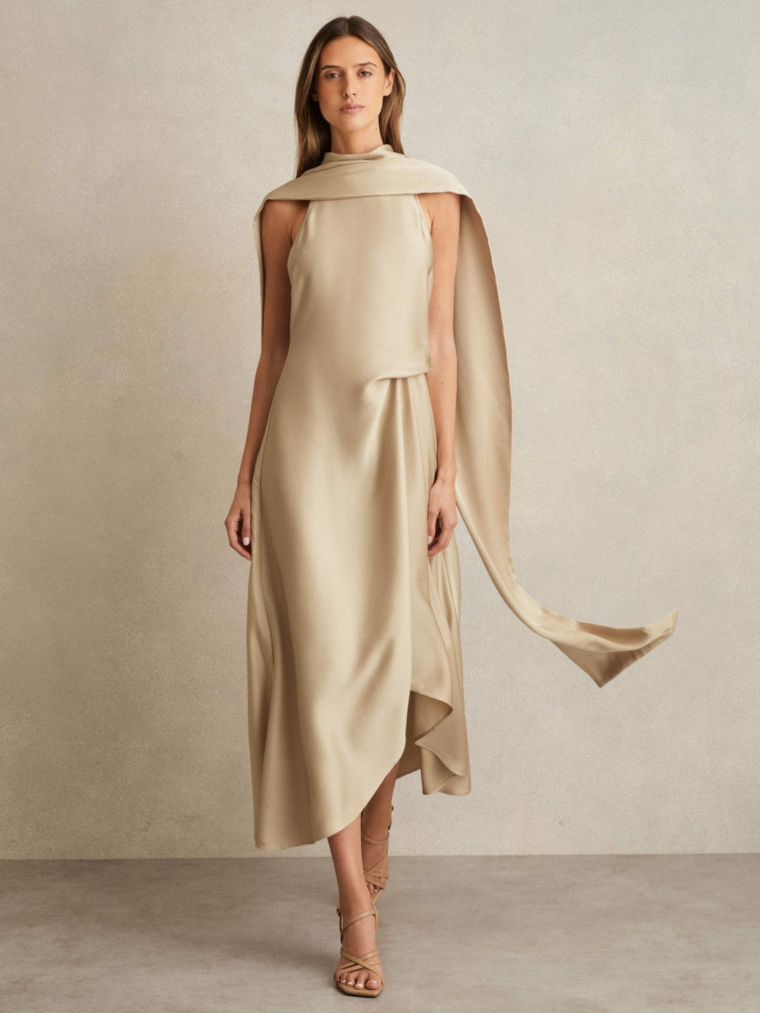 Women Satin Tuck-Detail Cape Midi Dress in Champagne Neutral