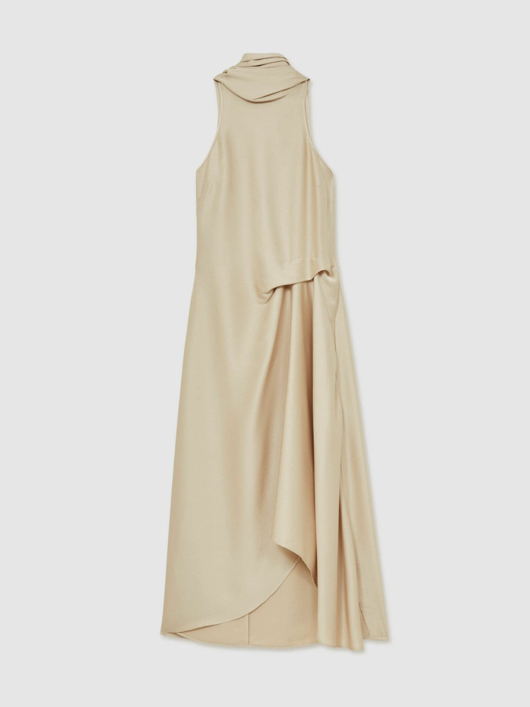 Women Satin Tuck-Detail Cape Midi Dress in Champagne Neutral