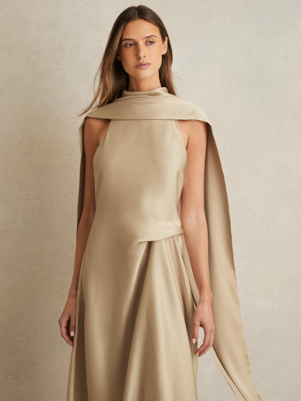 Women Satin Tuck-Detail Cape Midi Dress in Champagne Neutral