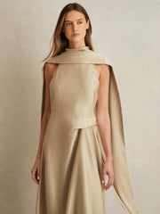 Women Satin Tuck-Detail Cape Midi Dress in Champagne Neutral