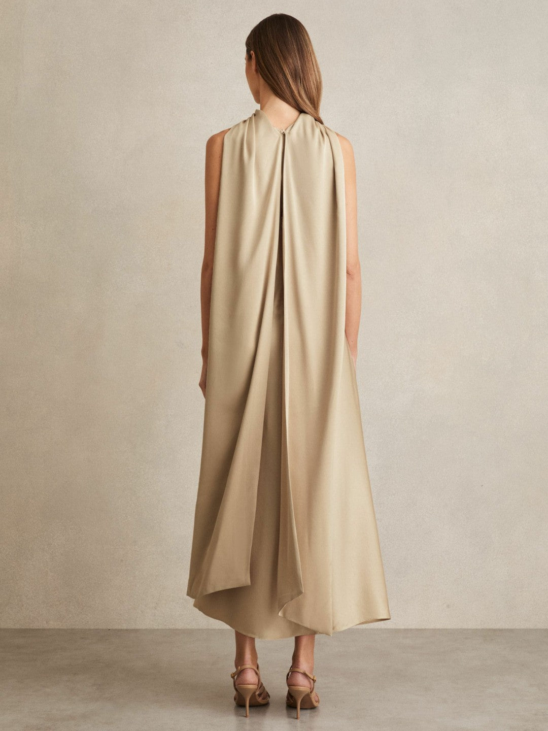 Women Satin Tuck-Detail Cape Midi Dress in Champagne Neutral