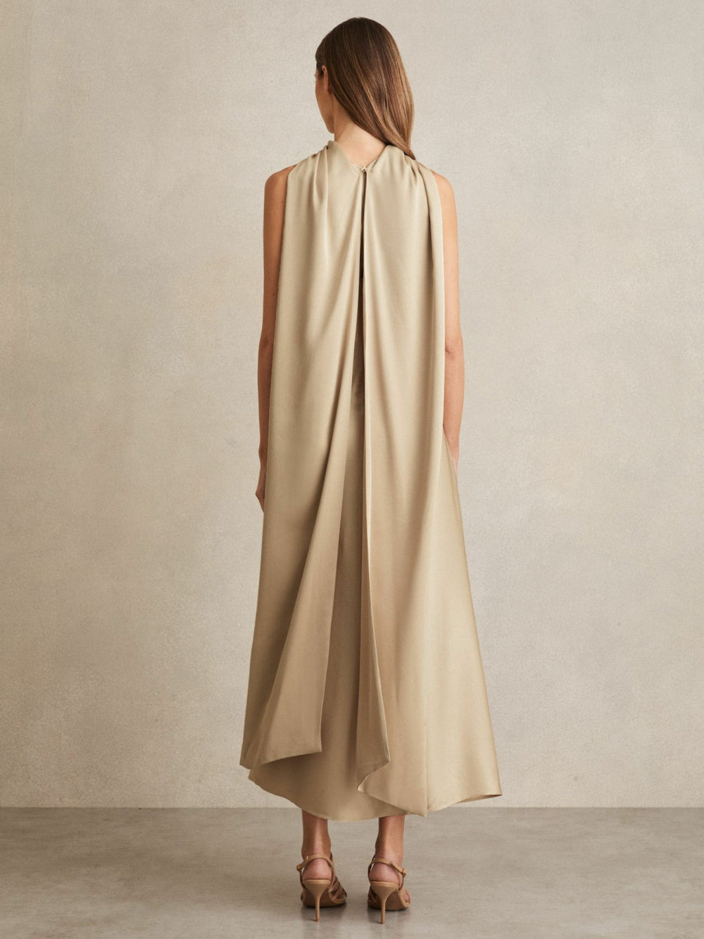 Women Satin Tuck-Detail Cape Midi Dress in Champagne Neutral