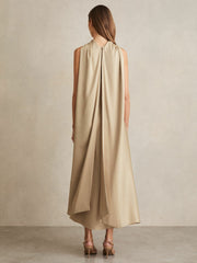 Women Satin Tuck-Detail Cape Midi Dress in Champagne Neutral