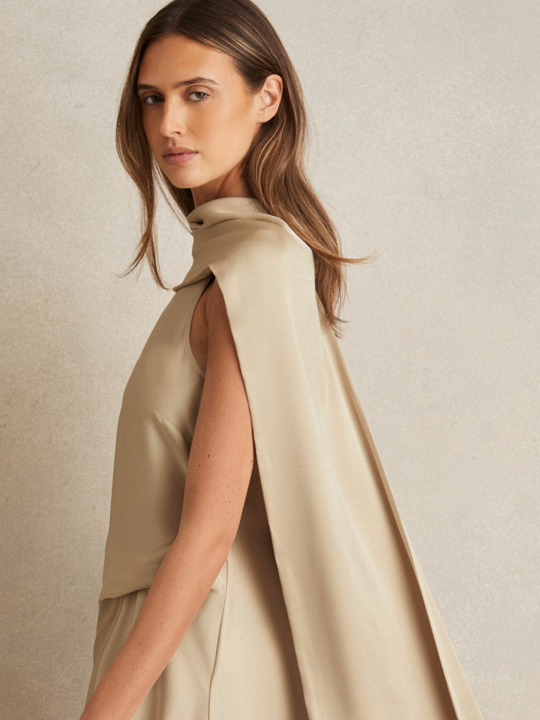 Women Satin Tuck-Detail Cape Midi Dress in Champagne Neutral