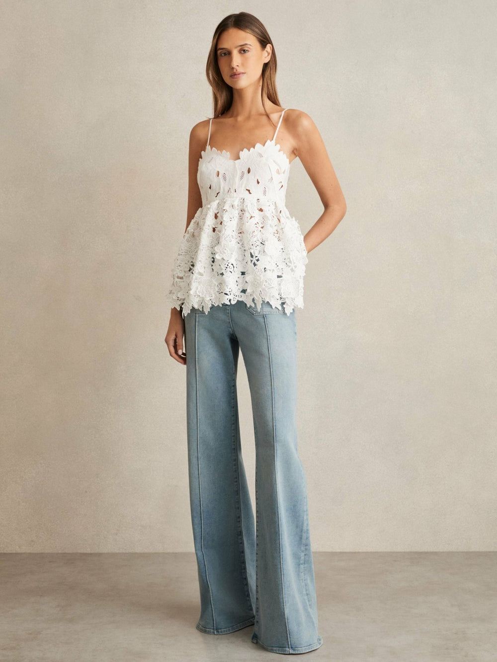 Women Cotton Cut Out Lace Cami Top in Ivory