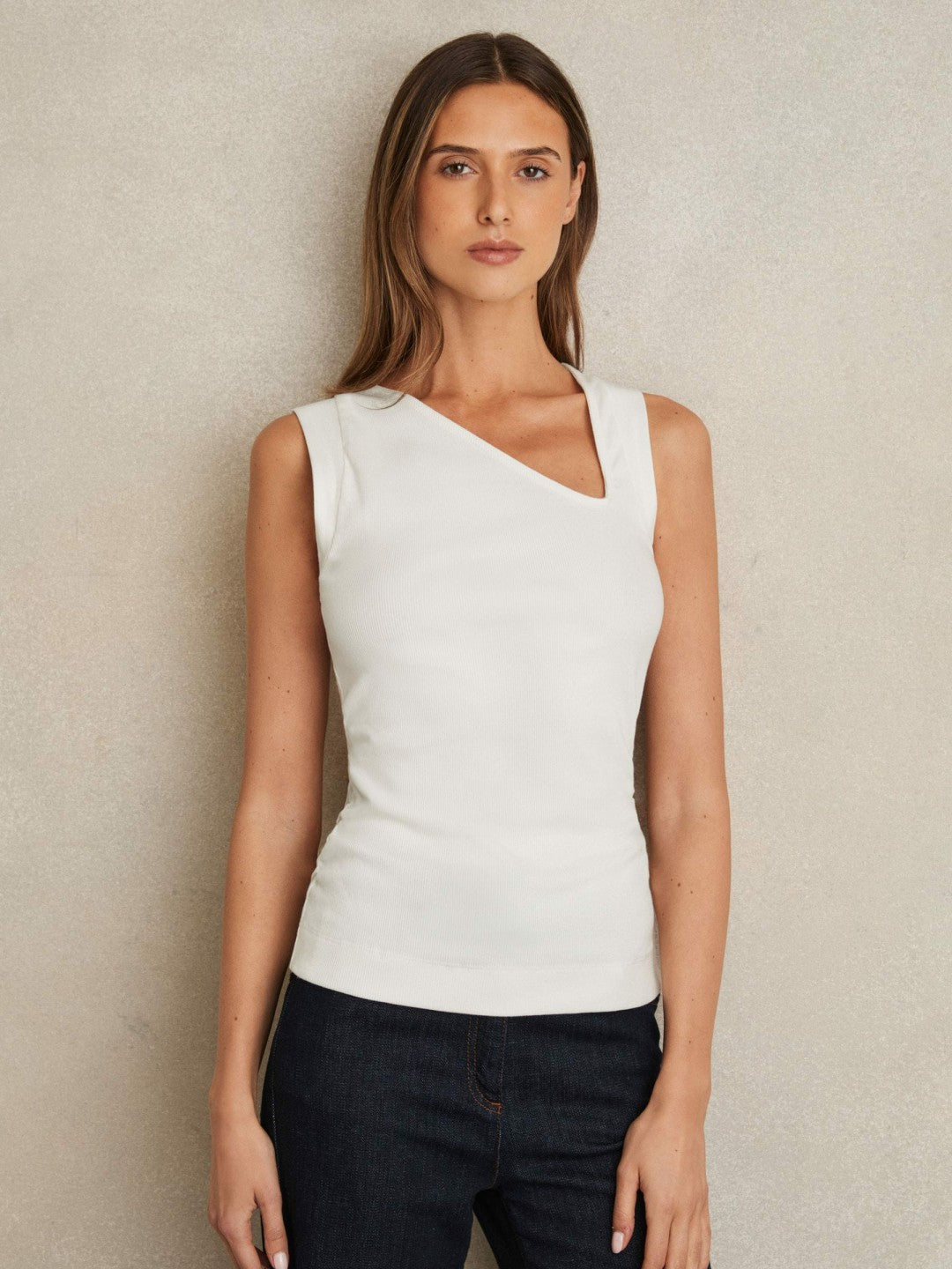 Women Stretch-Cotton Ribbed Asymmetric Vest in White
