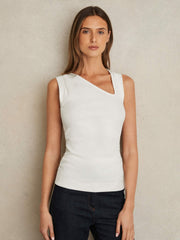 Women Stretch-Cotton Ribbed Asymmetric Vest in White