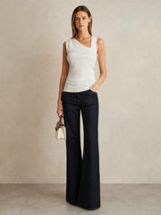 Women Stretch-Cotton Ribbed Asymmetric Vest in White