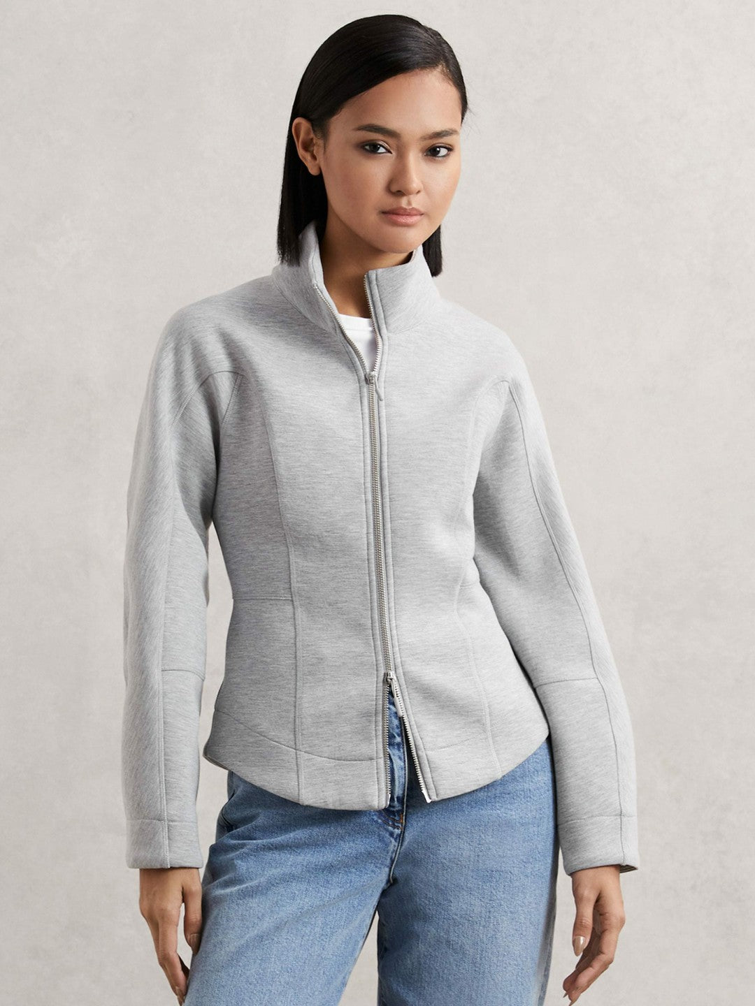 Women Funnel-Neck Zip-Through Sweatshirt in Grey