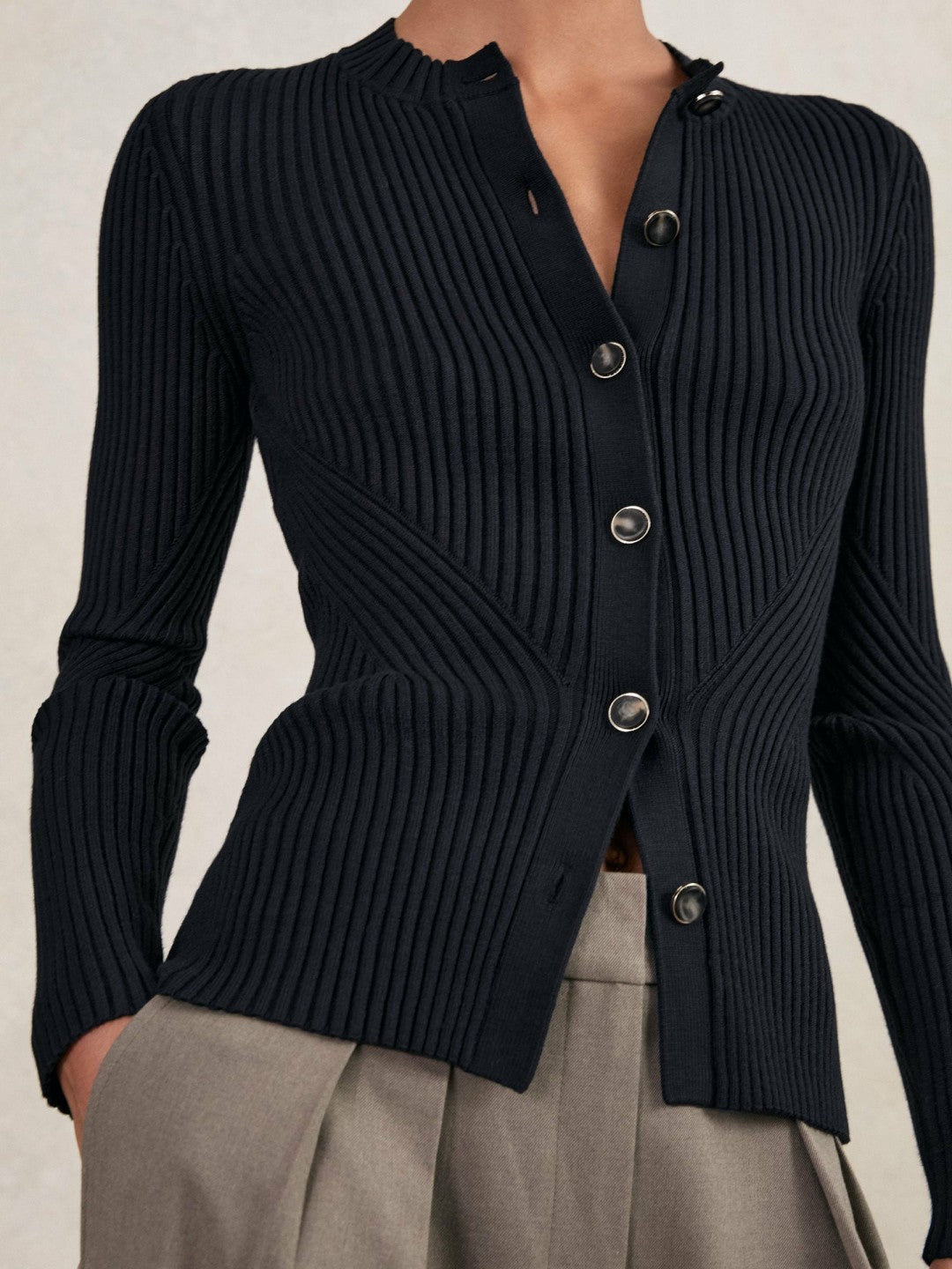 Women Button Front Knit Cardigan in Navy