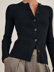 Women Button Front Knit Cardigan in Navy