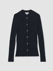 Women Button Front Knit Cardigan in Navy