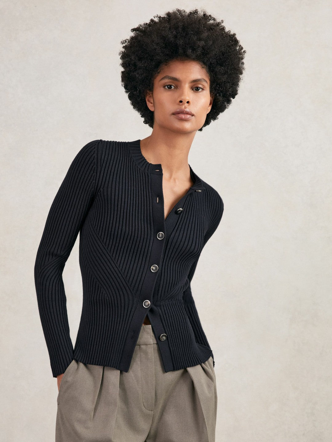 Women Button Front Knit Cardigan in Navy