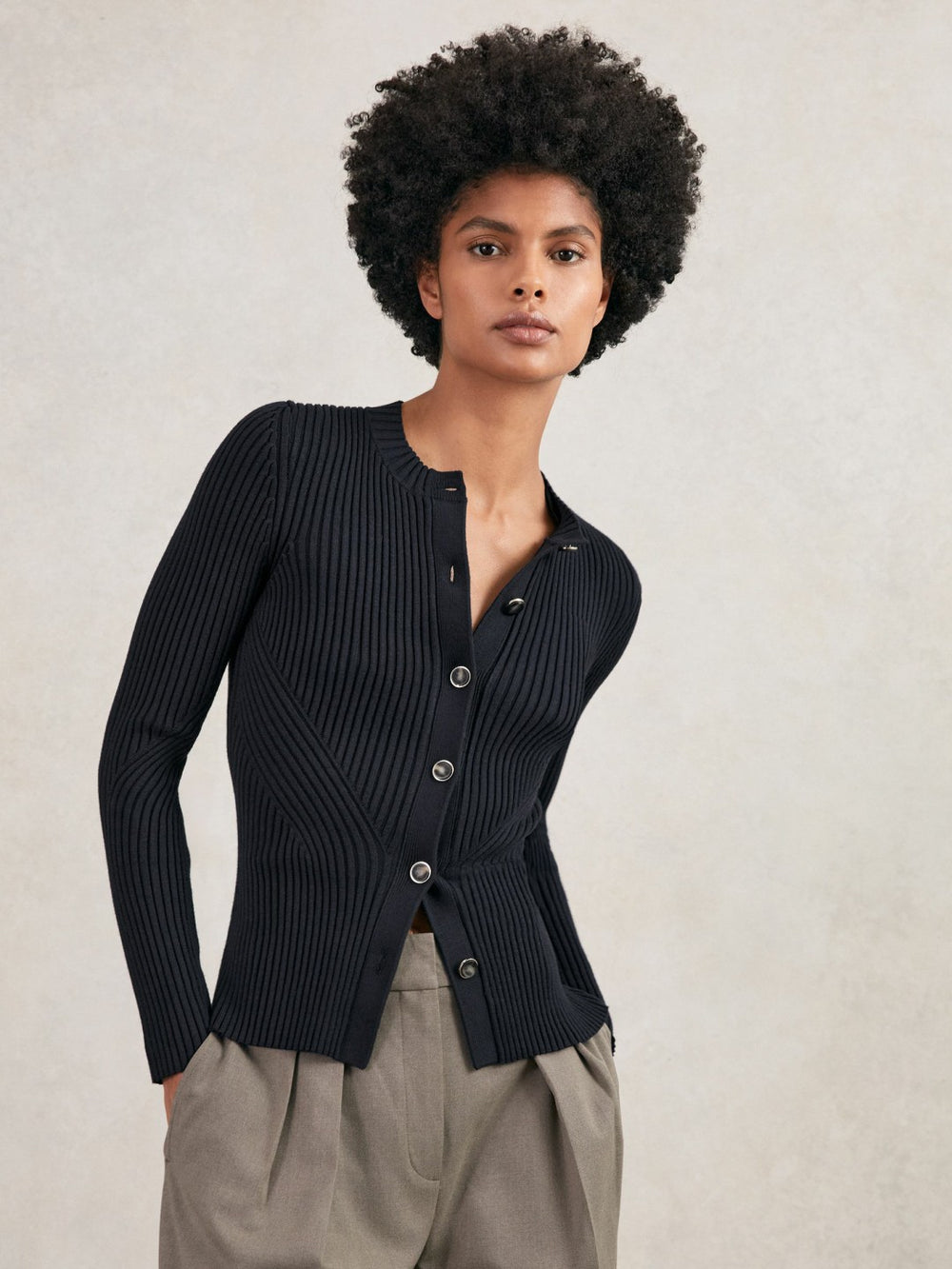 Women Button Front Knit Cardigan in Navy