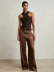 Women Cross Neck Textured Top in Chocolate