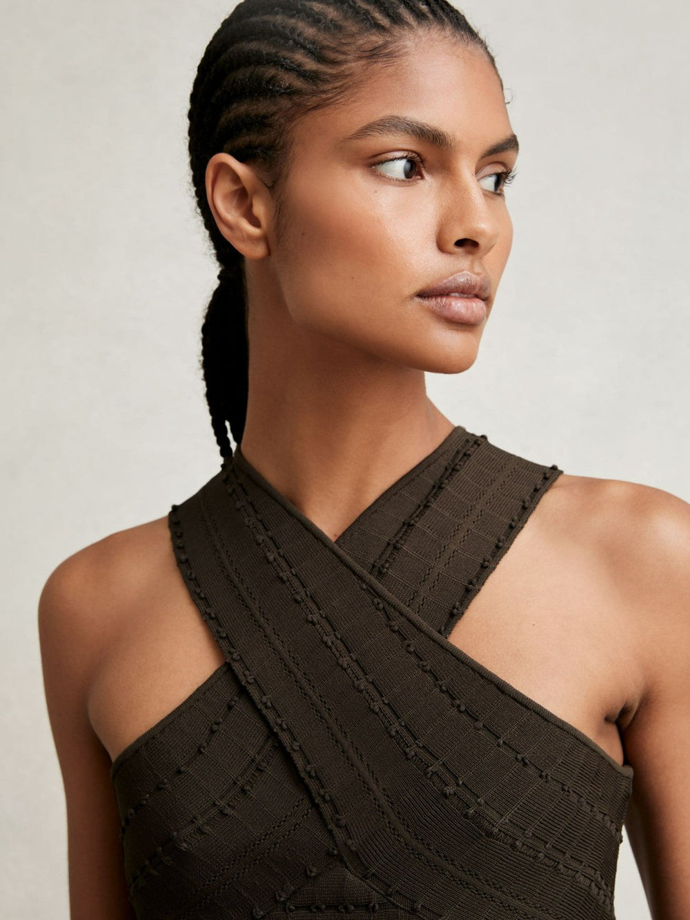 Women Cross Neck Textured Top in Chocolate