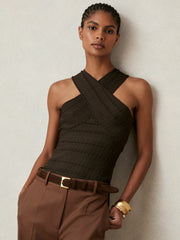 Women Cross Neck Textured Top in Chocolate