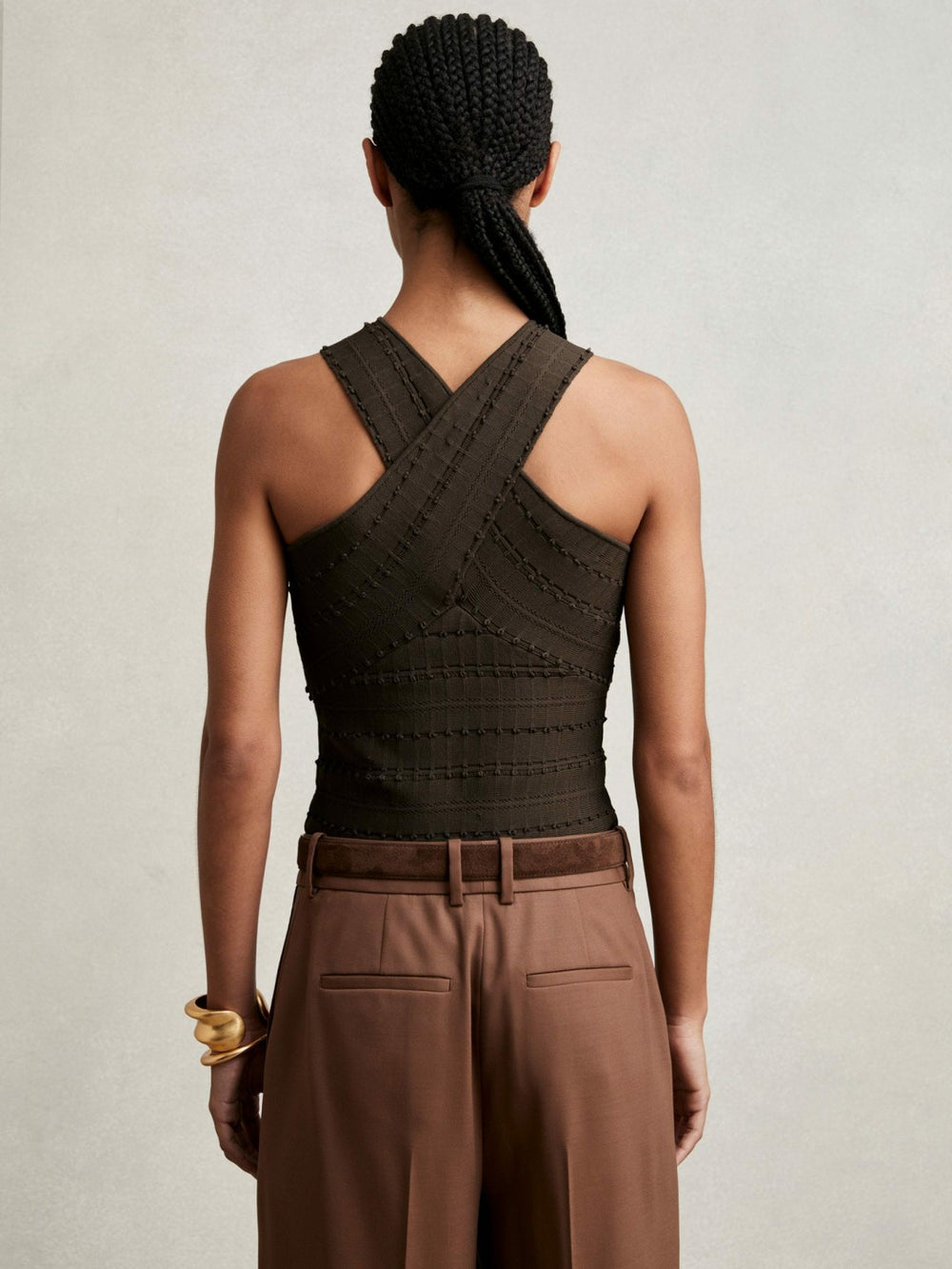 Women Cross Neck Textured Top in Chocolate