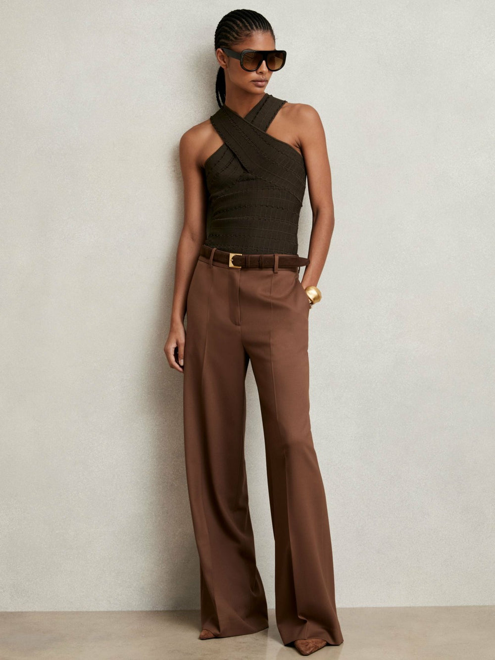 Women Cross Neck Textured Top in Chocolate