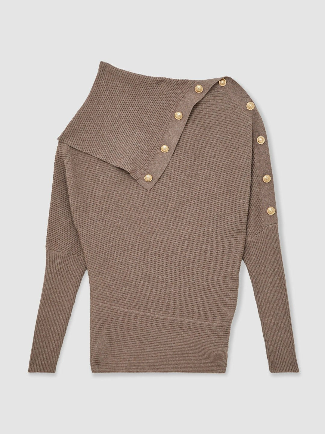 Women Rib-Knit Button Shawl Jumper in Taupe