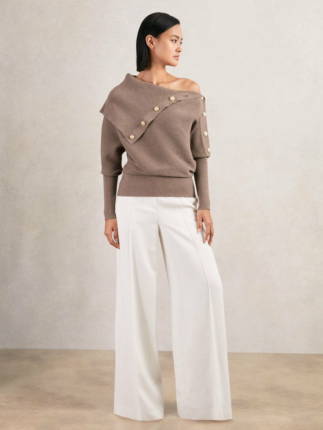 Women Rib-Knit Button Shawl Jumper in Taupe