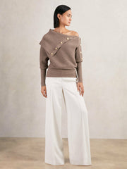 Women Rib-Knit Button Shawl Jumper in Taupe
