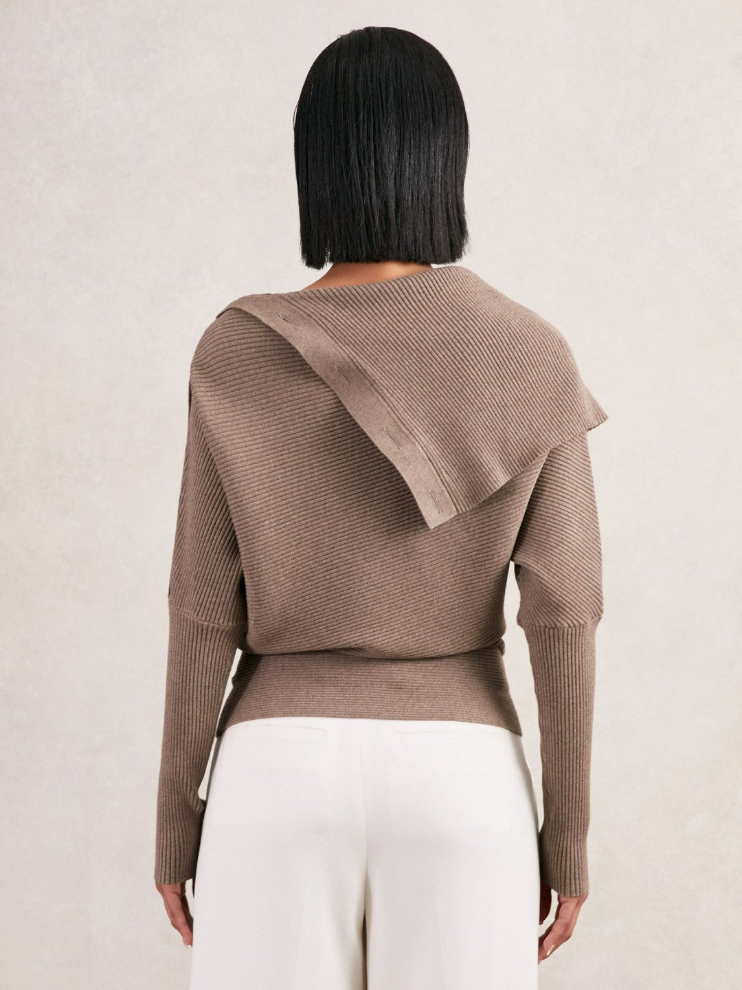 Women Rib-Knit Button Shawl Jumper in Taupe