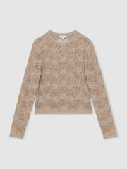 Women Cotton Blend Ladder Knit Top in Taupe Neutral