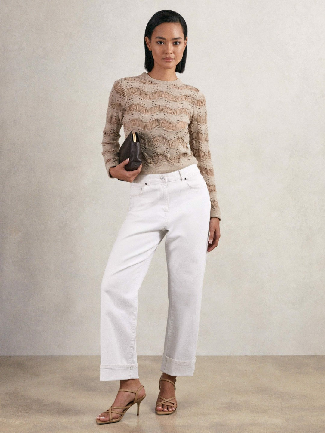 Women Cotton Blend Ladder Knit Top in Taupe Neutral