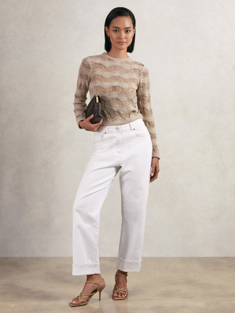 Women Cotton Blend Ladder Knit Top in Taupe Neutral