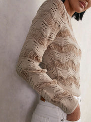 Women Cotton Blend Ladder Knit Top in Taupe Neutral