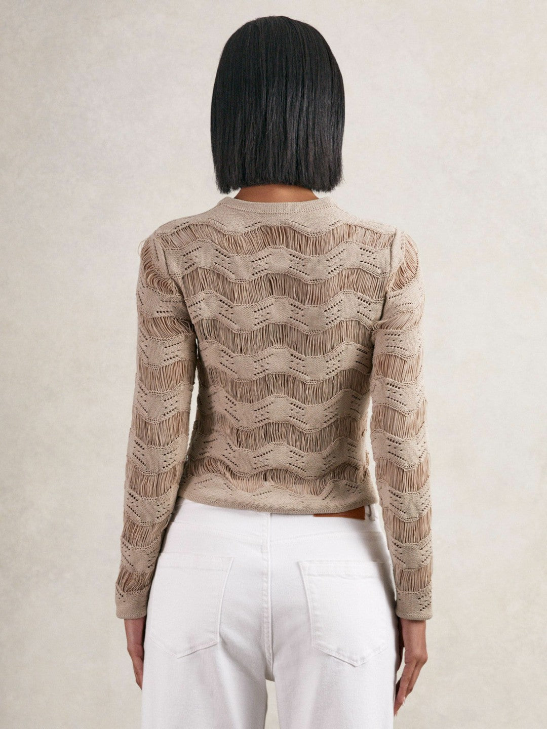 Women Cotton Blend Ladder Knit Top in Taupe Neutral