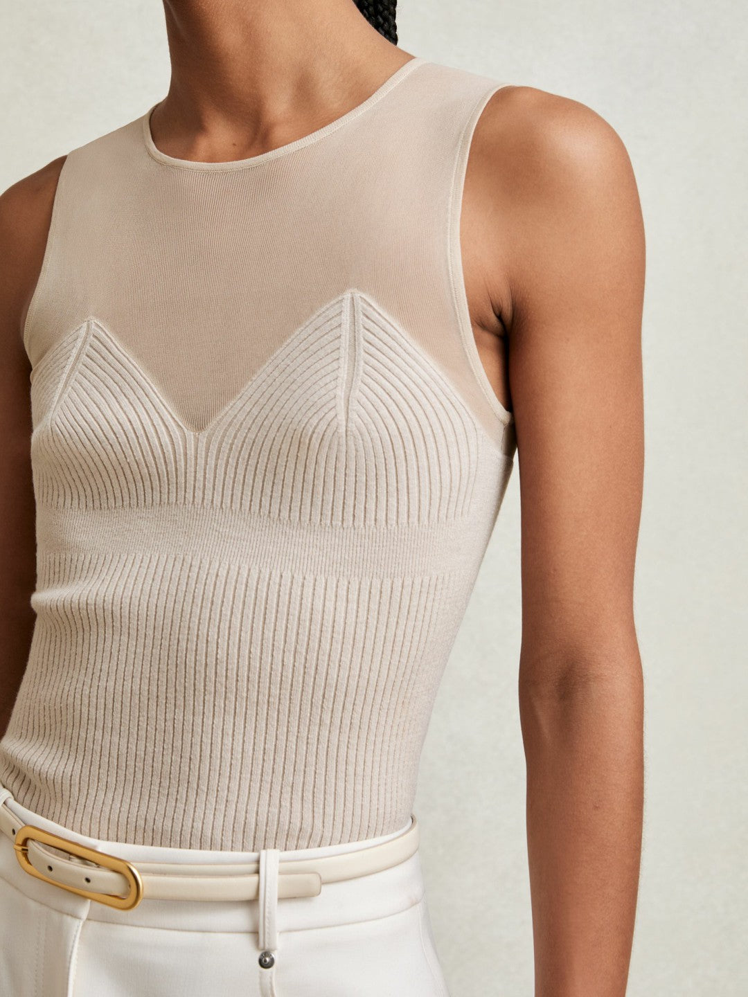 Women Mesh Rib-Knit Sweetheart Vest in Pink Neutral