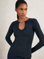 Women Chain-Detail Keyhole Knit Top in Navy