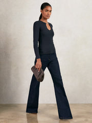 Women Chain-Detail Keyhole Knit Top in Navy