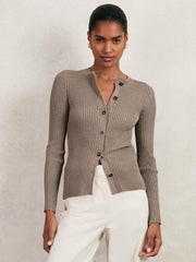 Women Button Front Knit Cardigan in Stone