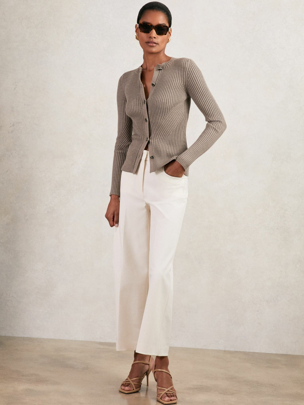 Women Button Front Knit Cardigan in Stone