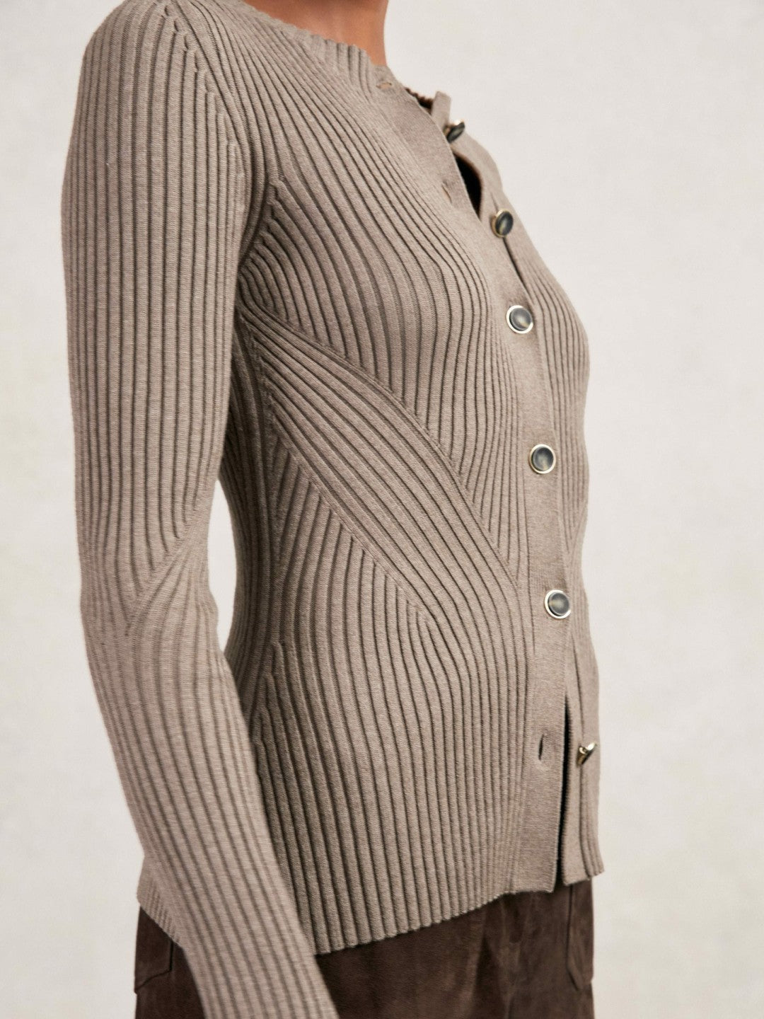 Women Button Front Knit Cardigan in Stone