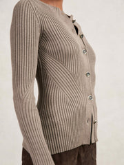 Women Button Front Knit Cardigan in Stone